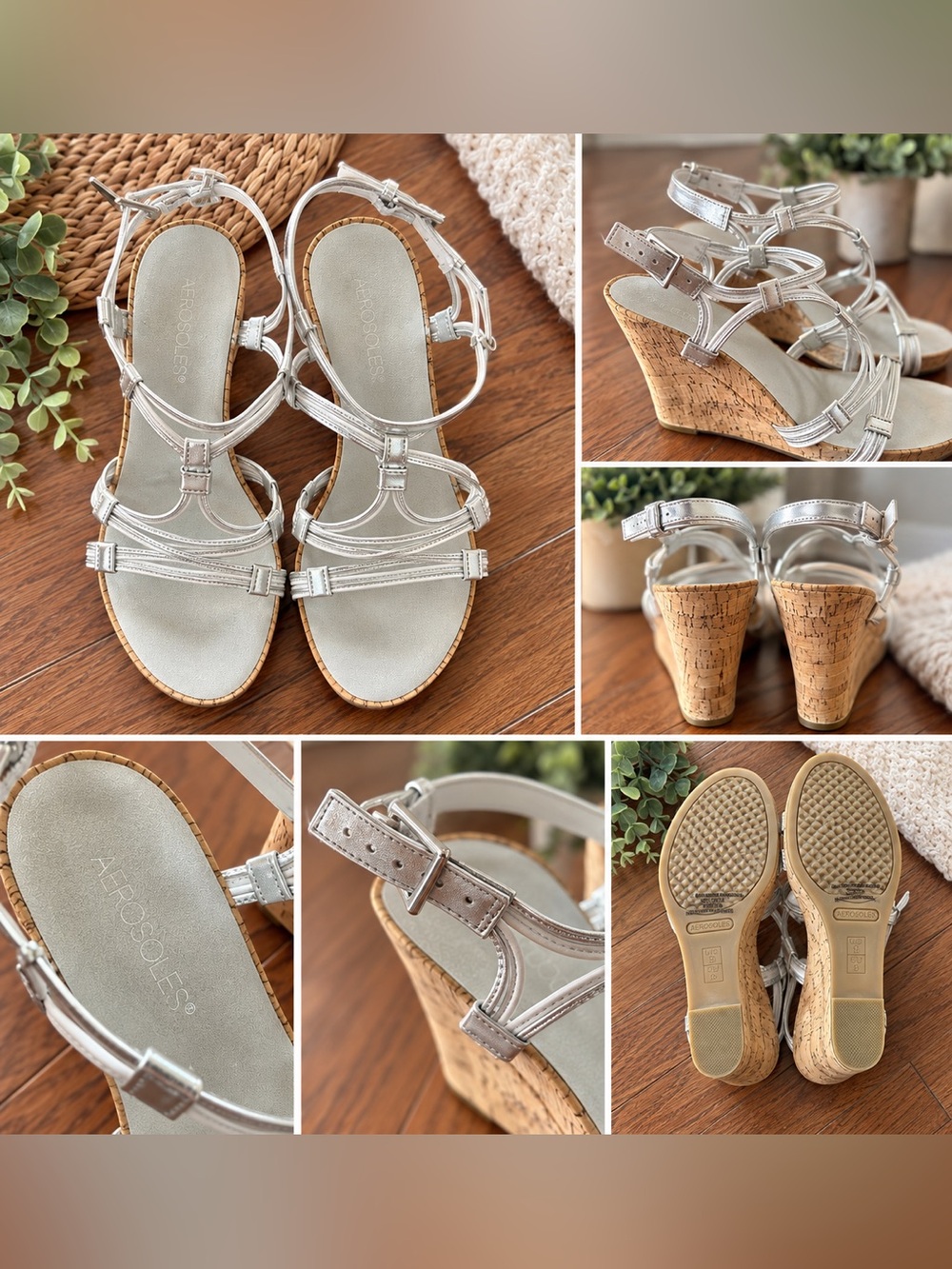 AEROSOLES Metallic Silver Cork Wedge Sandals, size 8